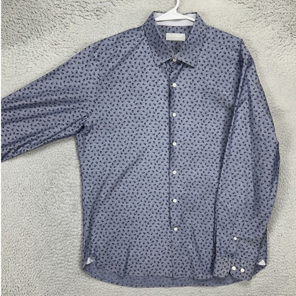 Hickey Freeman Button Up Shirt Adult Large Navy Blue Floral Long Sleeve Mens